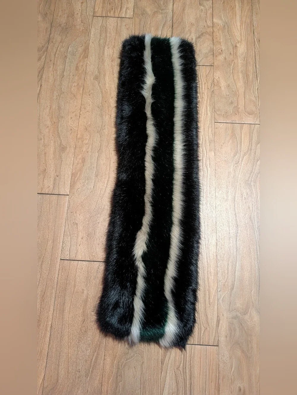 Faux Fur Stripe Scarf in Black, Cream & Dark Green